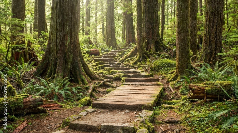 Fototapeta premium Enchanting Forest Path with Wooden Boardwalk and Lush Greenery.