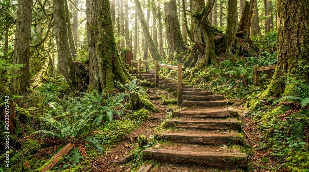 Fototapeta premium Enchanting Forest Stairway Bathed in Golden Sunlight.