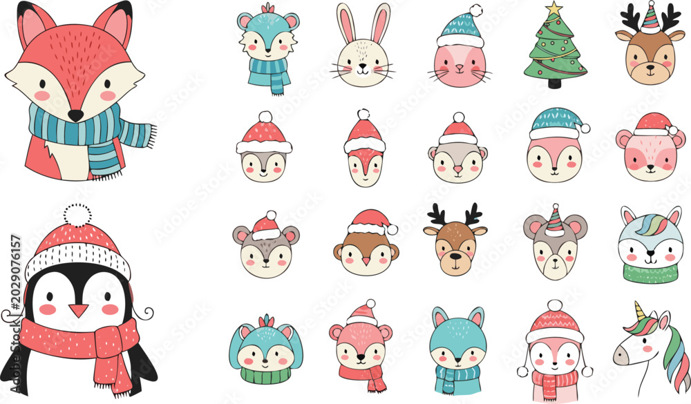 Fototapeta premium Cute winter woodland animal cartoon vector illustration set featuring fox penguin bunny reindeer and festive Christmas characters