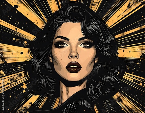 A vibrant, comic-style portrait of a woman with dark hair, brown eyes, and a bold lip color against a radial background