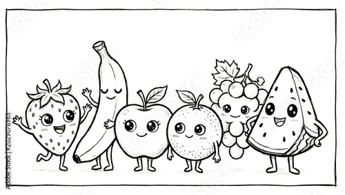 Cute fruit coloring book collection for kids featuring kawaii apples, bananas, watermelon, strawberries, pineapples, oranges, grapes, coconuts, and mangoes in simple black and white line art