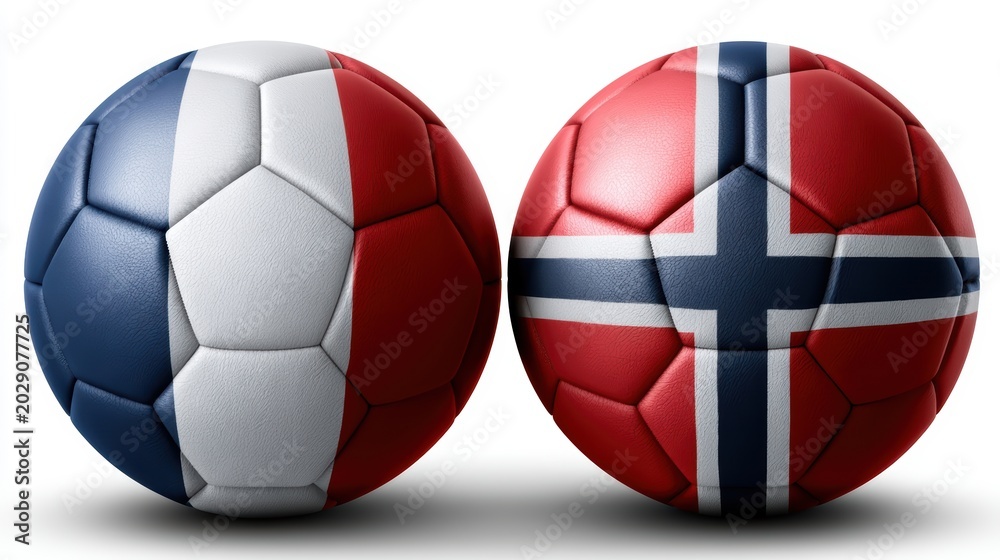 Obraz premium Soccer balls featuring national flags of france and norway side by side isolated on white background