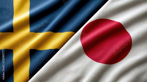 Woven fabric texture of sweden and japan flags joined together side by side for diplomatic representation