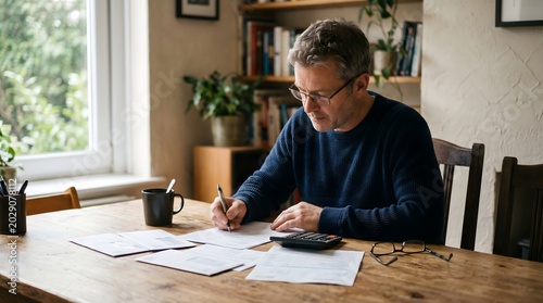 Man in glasses working on paperwork at a wooden table in a home setting.