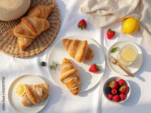 Croissants and fruit on plates on a white tablecloth outdoor picnic setting