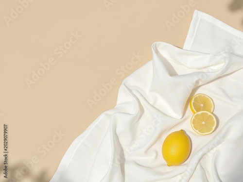 Still life with lemons on crumpled fabric indoors