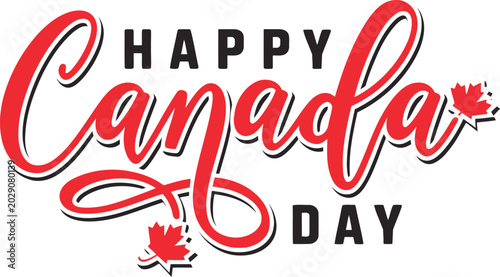 Fényképezés happy canada day typography with red script lettering and realistic maple leaves
