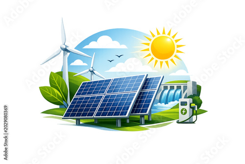 renewable energy landscape, sustainable environment, clean energy, green technology, solar panels, wind turbines, eco friendly landscape, sustainable future, renewable resources, environmental sustain
