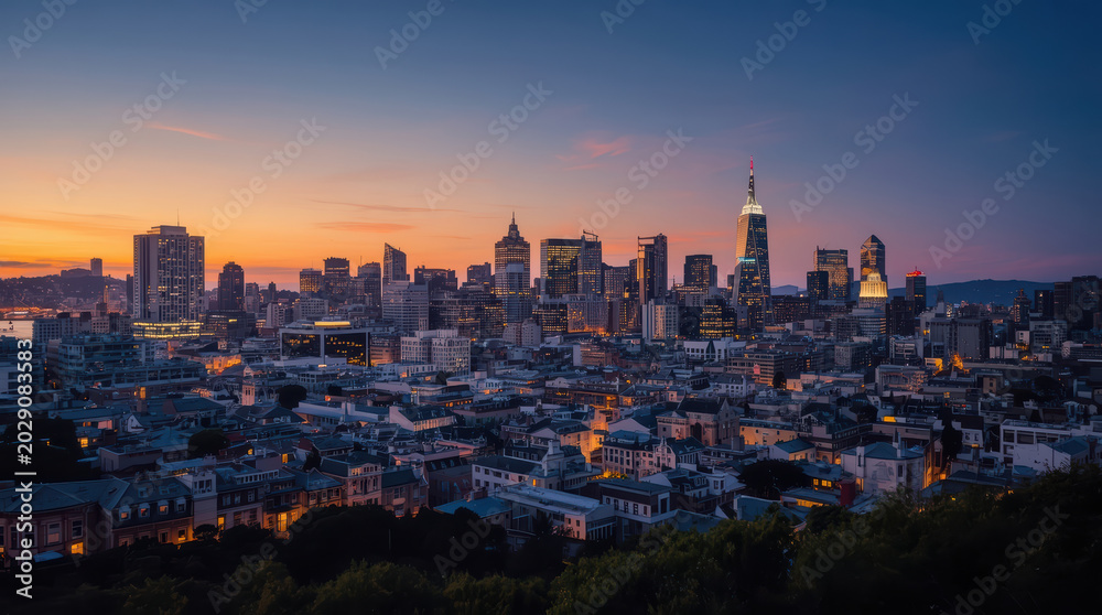 Fototapeta premium Warm evening glow city skyline sunset urban skyline dusk cityscape