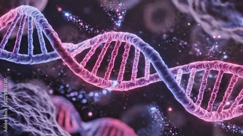 Abstract 3D rendering of the DNA double helix structure, representing genetics and molecular biology with scientific elements