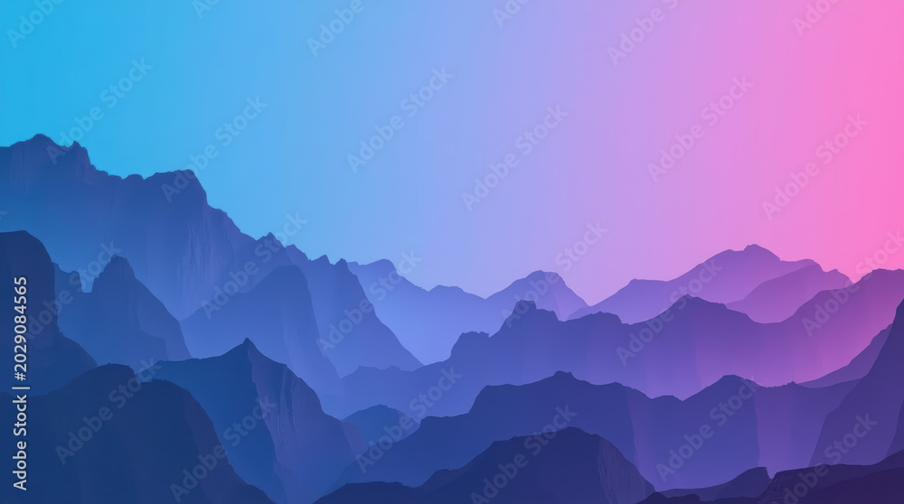 Obraz premium Misty layered mountain range at sunrise with blue purple pink gradient sky