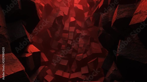 Abstract background with jagged, fragmented red geometric shapes creating a sense of depth and motion