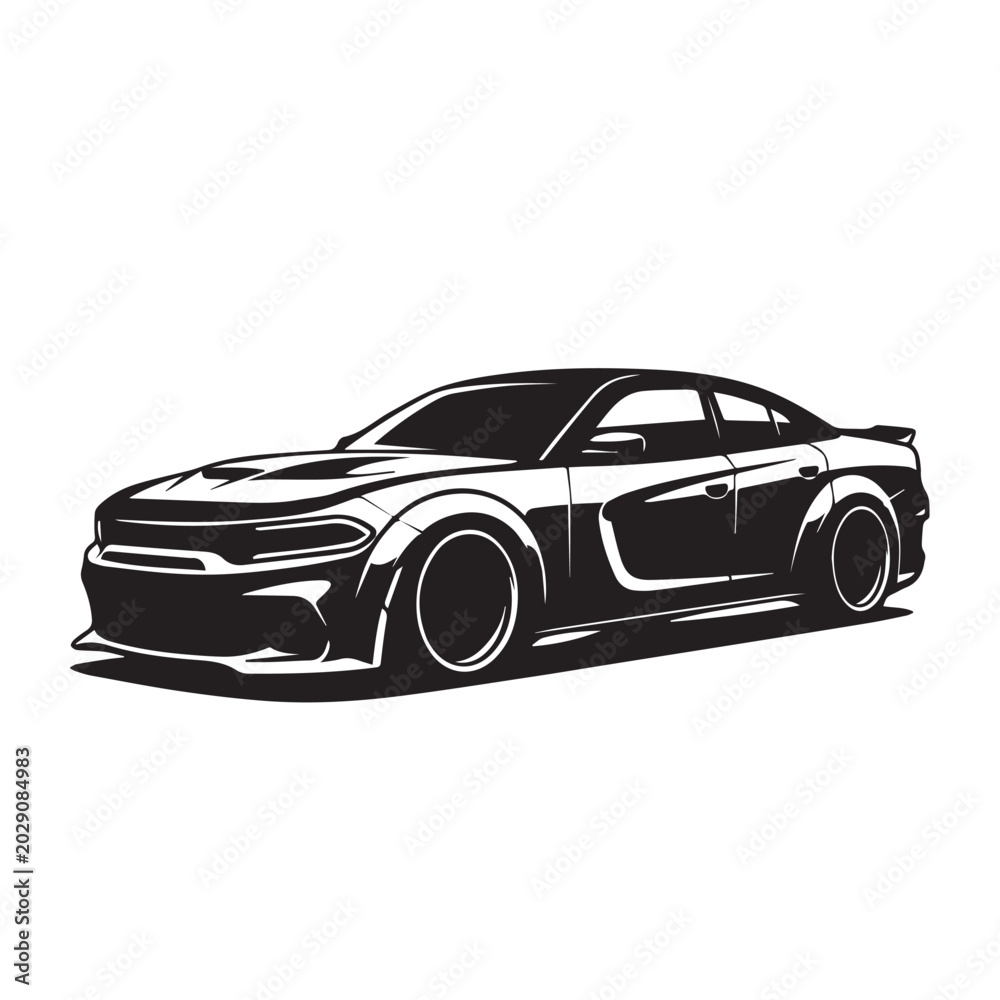 Fototapeta premium Minimalist Black and White Vector Illustration of a Modern Muscle Car.