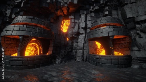 Molten core of an ancient forge colossal furnaces glow intensely with lava, radiating immense heat and ominous power in a dark, mysterious underground cavern