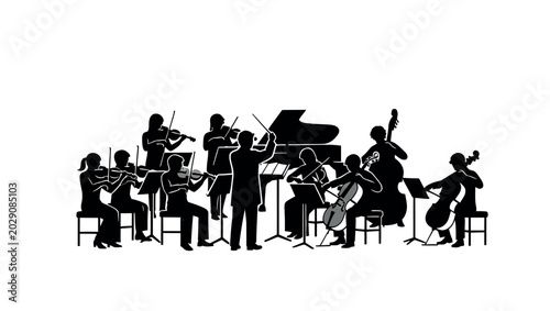Konstfotografi Orchestra performing classical music with conductor and piano.