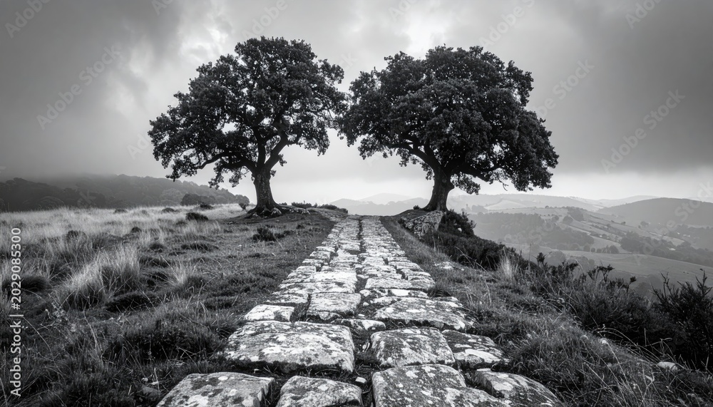 Fototapeta premium Stone path between two trees on a hilltop, b&w