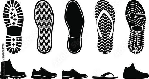 Shoe Sole Print and Footwear Silhouette Vector Icon Set with Boot Sneaker Dress Shoe Flip Flop and Athletic Sneaker Imprints