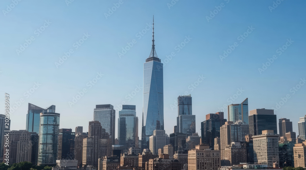 Obraz premium Modern city skyline with central glass tower and clear sky