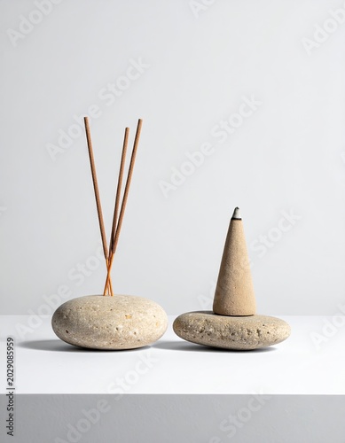 Two stone incense holders, one with sticks, other cone