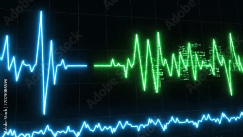 Vibrant glowing digital waveforms depicting sound visualization or data analysis on a dark high-tech screen, an abstract representation of energy and communication in a futuristic interface