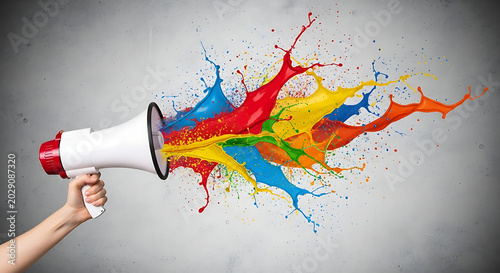 Person holding megaphone with colorful paint splashing out