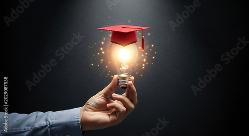 Person holds glowing light bulb with graduation cap in hand