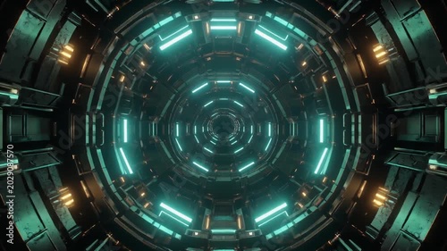 Futuristic circular tunnel with glowing neon lights, abstract digital art