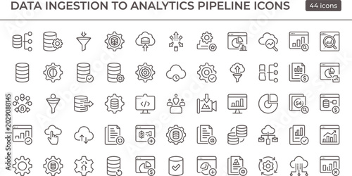 Data ingestion analytics pipeline icon set in modern outline style for processing dashboard interface and data flow systems