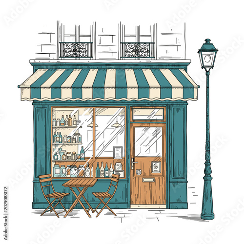 Vintage hand-drawn illustration of a charming European storefront with a teal facade, striped awning, outdoor wooden table and chairs, display window full of glass bottles, and a classic street lamp.