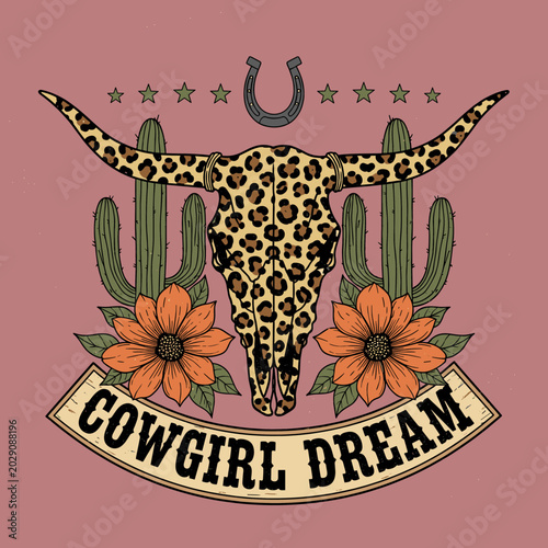 Retro boho western graphic with a leopard pattern cow skull, green saguaro cacti, blooming flowers, and horseshoe on pink, featuring the decorative text Cowgirl Dream in a banner.