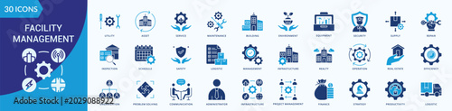 Facility Management Icon Set Illustration Vector Flat Blue Style with utility, asset, service, maintenance, building, environment, equipment, security