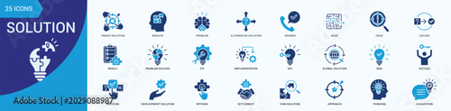 Photos Solution Icon Set Illustration Vector Flat Blue Style with target solution, reso