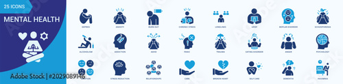 Photos Mental Health Icon Set Illustration Vector Flat Blue Style with depression, anxi