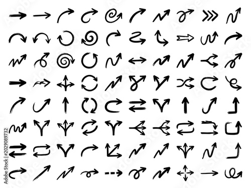 Assorted Black Ink Hand Drawn Arrows Mega Pack Set. Large collection of diverse hand drawn black ink arrows for designers