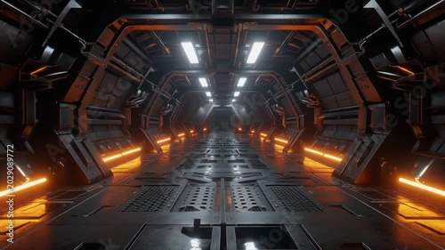 Futuristic spaceship corridor with illuminated orange lighting, sci-fi interior concept