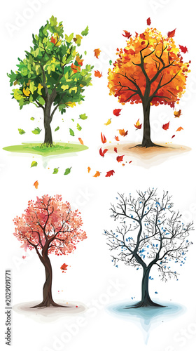 Four Seasons Tree Illustration With Seasonal Nature Changes Vector Illustration.