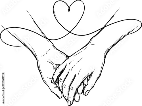 Continuous line art illustration of holding hands with a heart shape.
