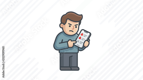 Foto Cartoon man checks mobile device with disapproval on isolated white background