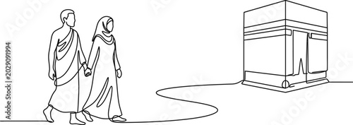 Canvas Print Continuous line drawing of a couple performing Umrah pilgrimage towards the Kaaba