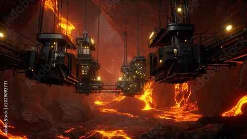 Subterranean industrial facility hovering above a turbulent sea of molten lava, illuminated by glowing structures within a vast, dark cavern