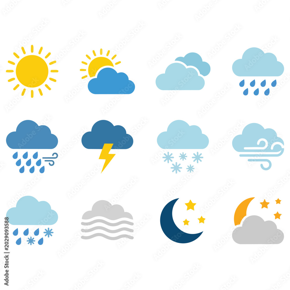 Obraz premium Set of weather icons showing sun clouds rain snow lightning wind moon stars with white background flat design forecast icon weather illustration elements night sky condi