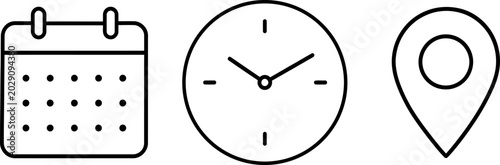 Set of line icons ilustration vector including a calendar for date, a clock for time, and a location pin for place, essential symbols for planning and events isolated on transparent background.