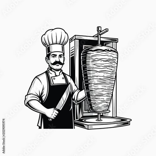 Professional chef holding knife next to large shawarma meat rotisserie machine vector illustration isolated on white background for kebab shop branding and restaurant fast food advertising.