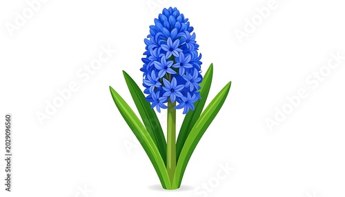 A vibrant blue flower with lush green leaves on a white background