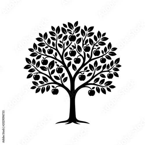 Detailed black silhouette of a fruitful apple tree with tree of life, silhouette
