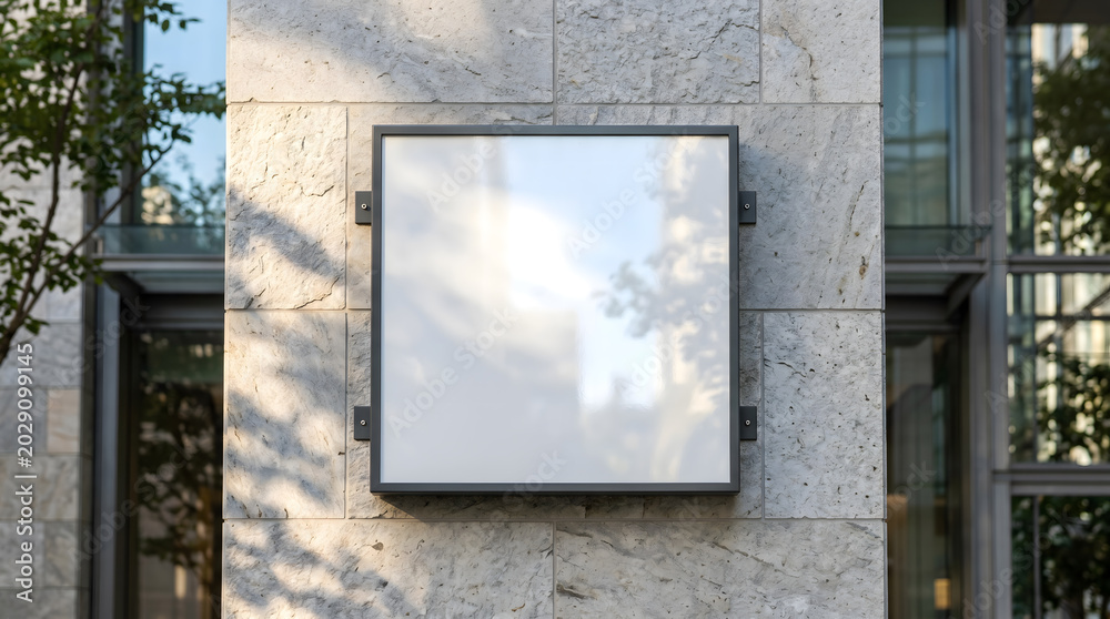 Fototapeta premium Blank Square Signage Mockup on Modern Building Facade for Business Branding and Outdoor Advertising Display