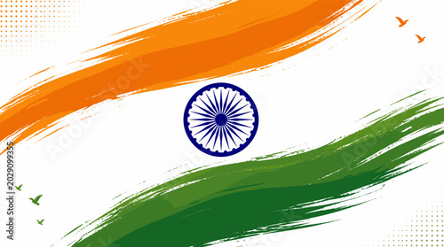Quadro su tela Vibrant brushstroke depiction of the Indian national flag with Ashoka Chakra and flying birds, symbolizing patriotism and national pride