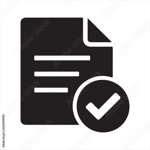 Approved Document with Checkmark Black and White Icon

