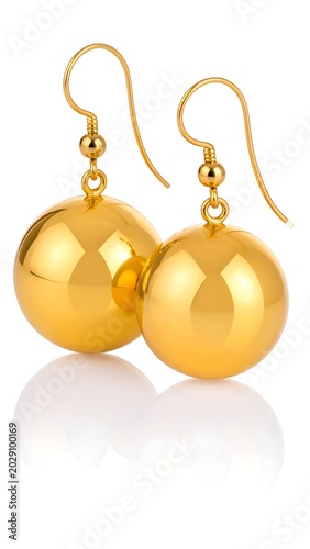 A pair of gold earrings with spherical balls and hooks