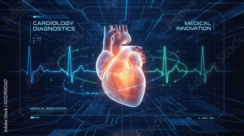 Human heart anatomy model floating in a digital medical interface with electrocardiogram lines, cardiology diagnostics, and health technology data
